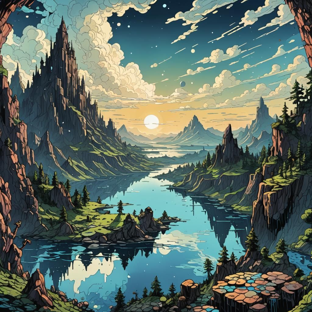 Pixelated Sky Over Lake in Glitch Pixel Art