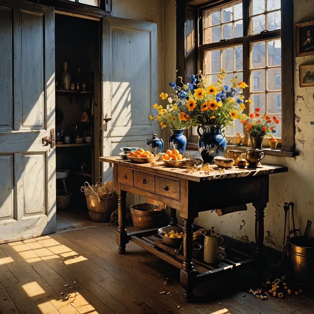Golden Flowers on Butcher Table, Pollock-Vermeer Style