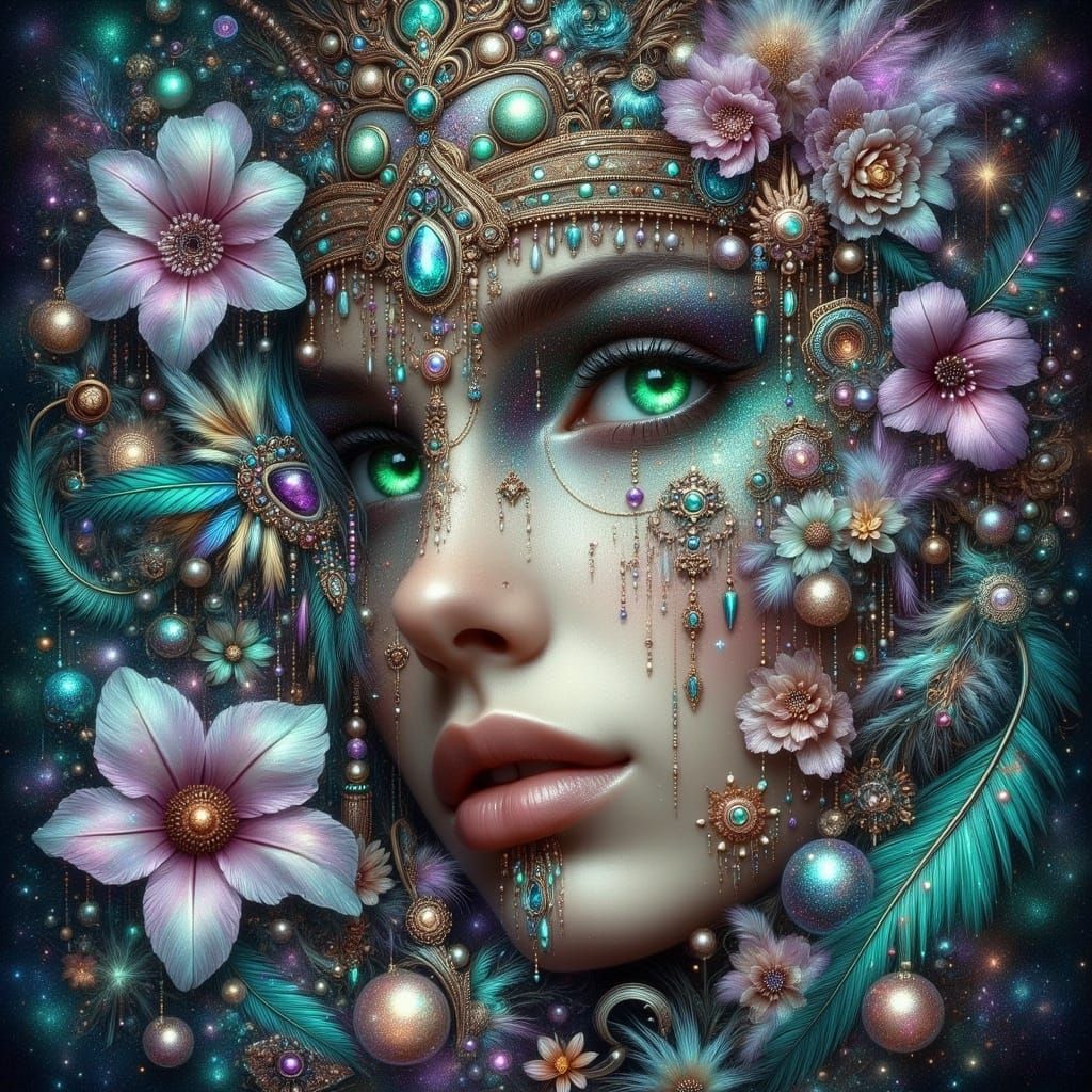 Pearlescent Goddess Adorned with Jewel Mosaic and Ethereal F...