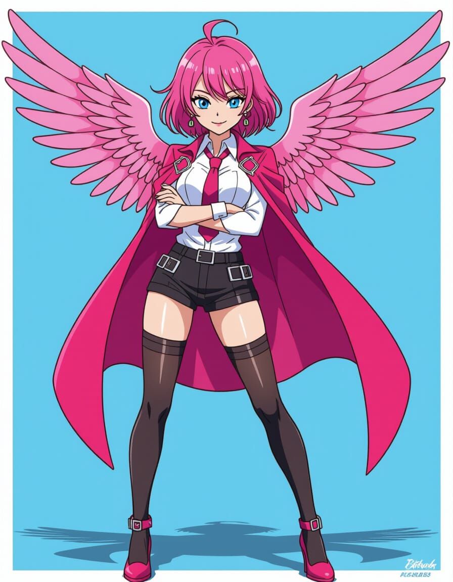 Playful Japanese Woman with Pink Hair and Wings