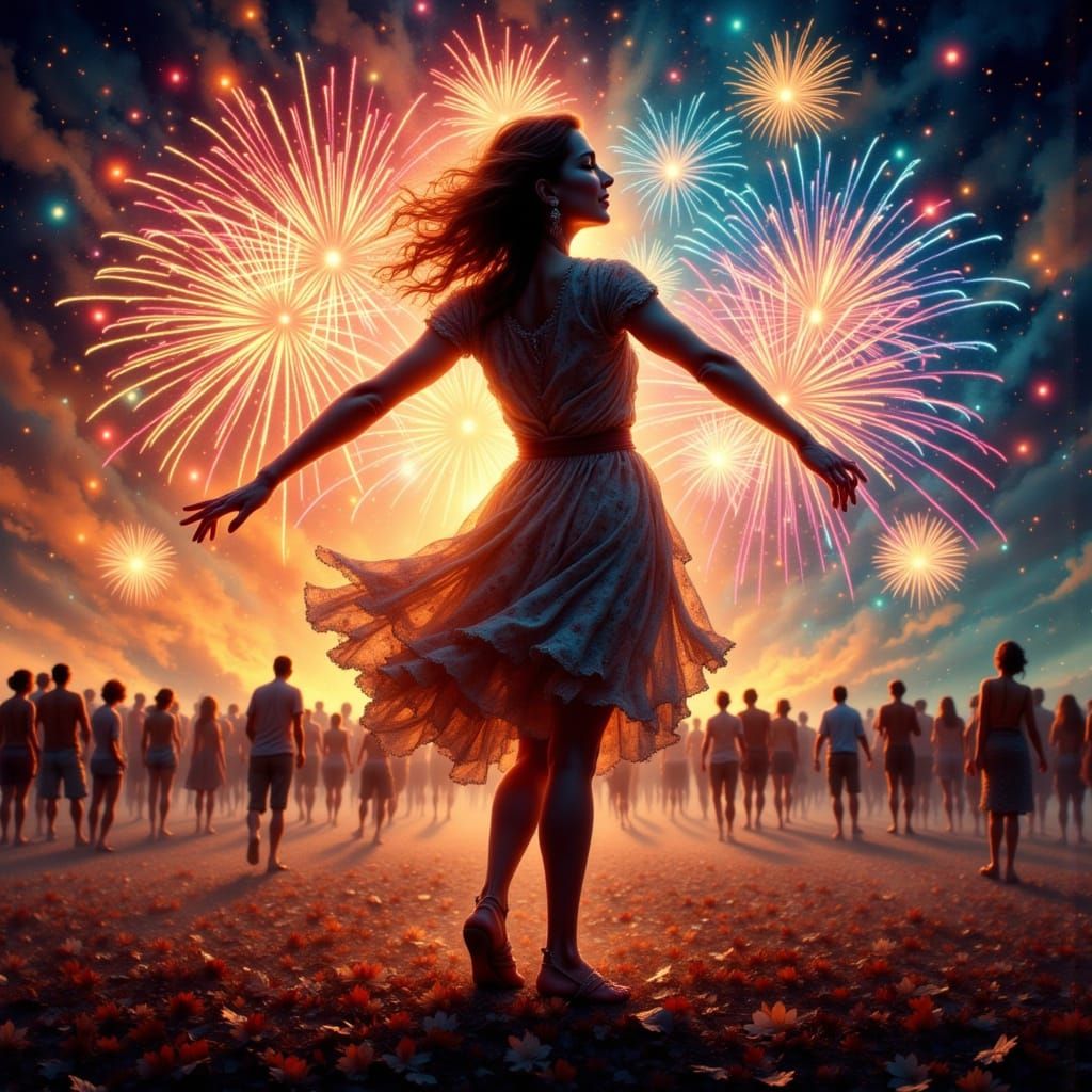 Woman Dancing Amidst Abstract Fireworks as Memories