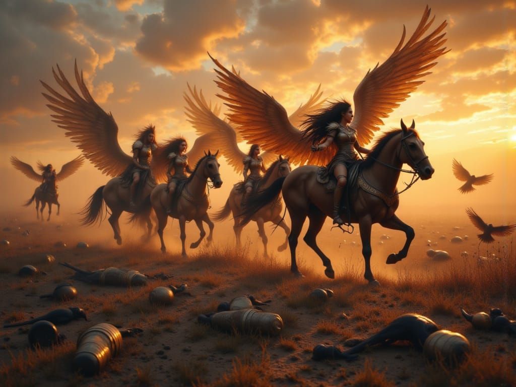 Valkyries Ride Through Stormy Battlefield Sunset