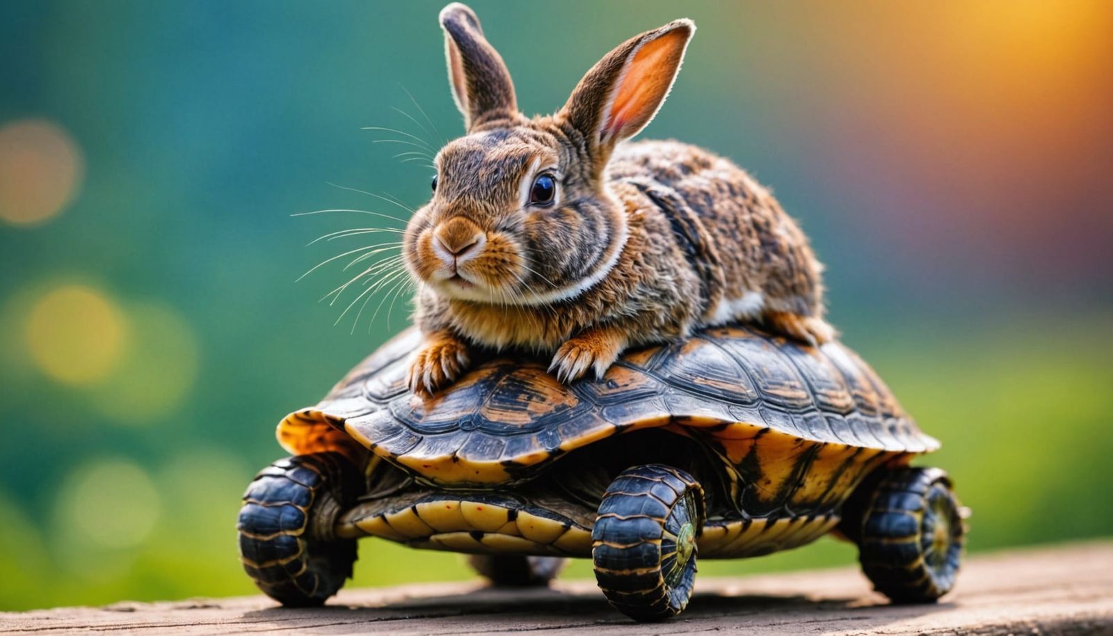 Humorous Bunny Riding a Turtle with Bokeh Background