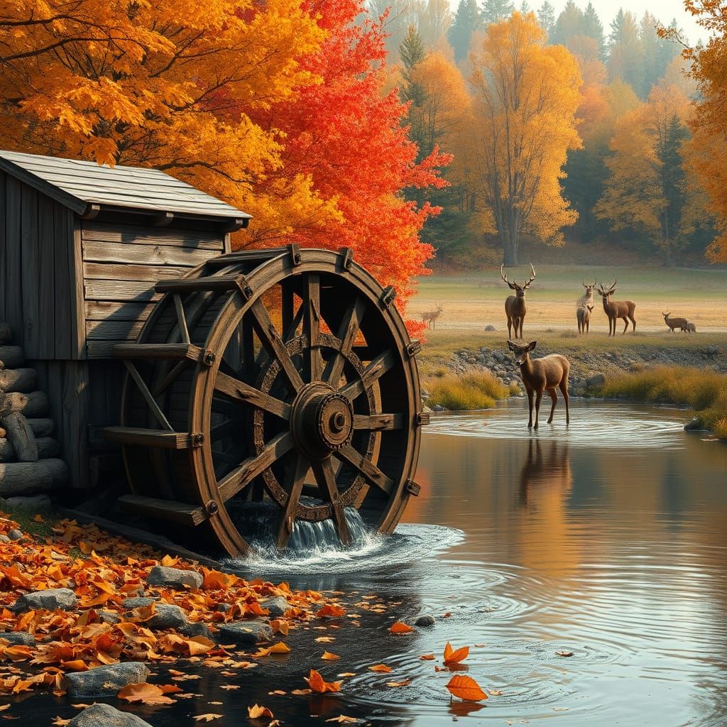 Weathered Waterwheel Beside a Serene Autumn River