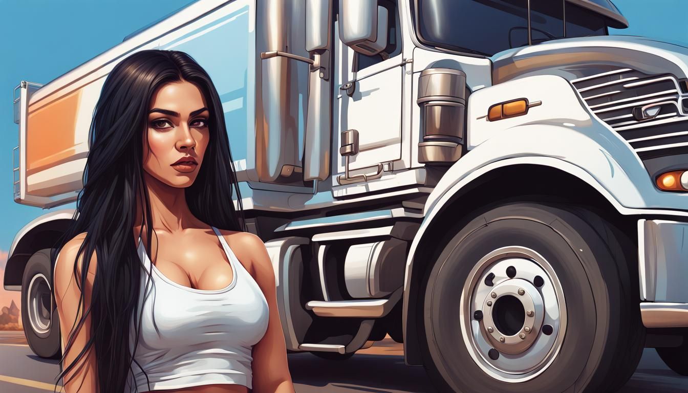 Greek Woman Posing with Blue Semi Truck