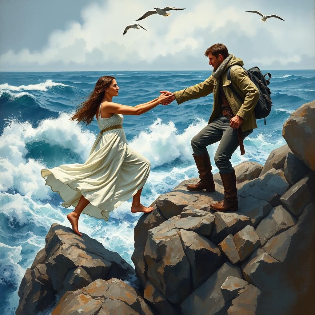 Coastal Rescue in Expressive Gouache Style