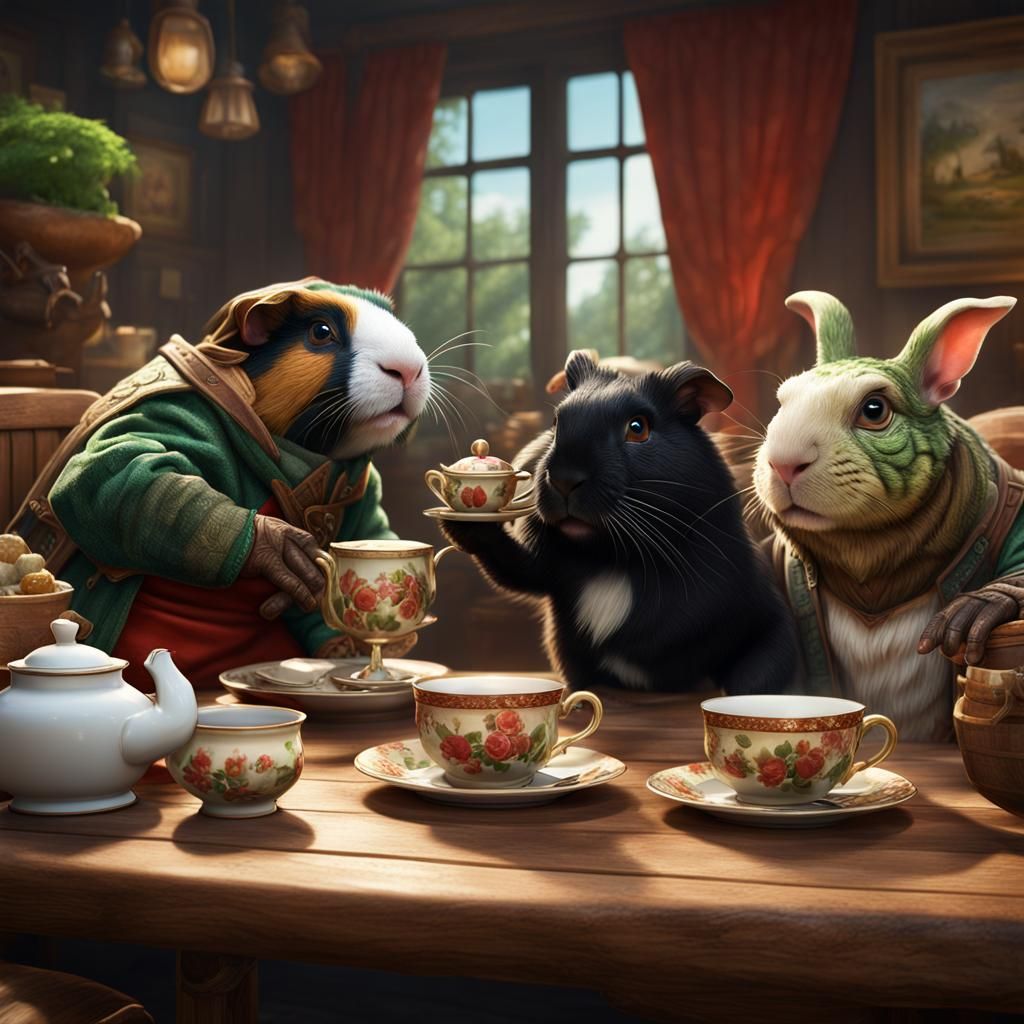 Anthropomorphic Tea Party with Guinea Pig and Friends
