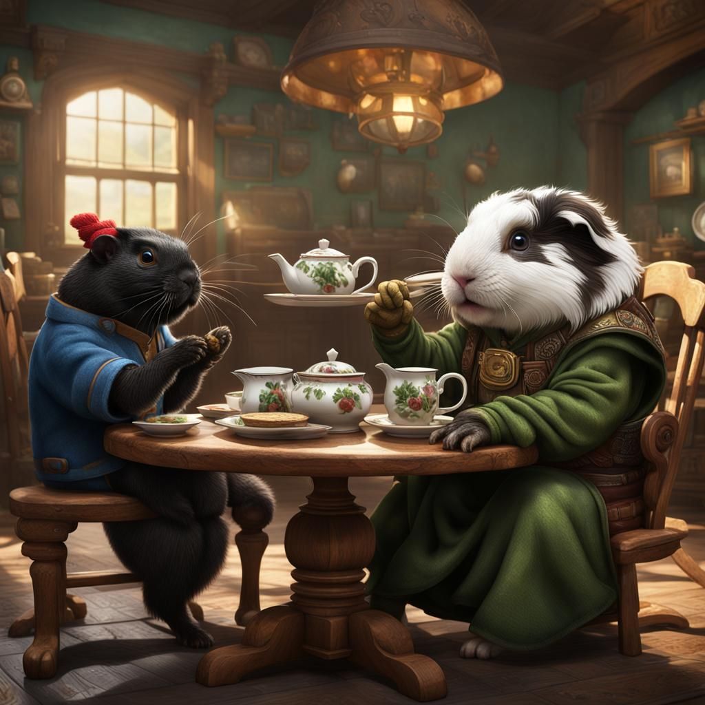 Anthropomorphic Animals Having Tea: Detailed Matte Painting