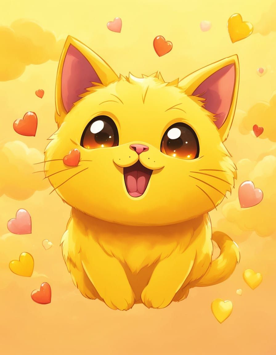 Vibrant Kawaii Cat in Bright Yellow Surrounding Whimsical Cl...