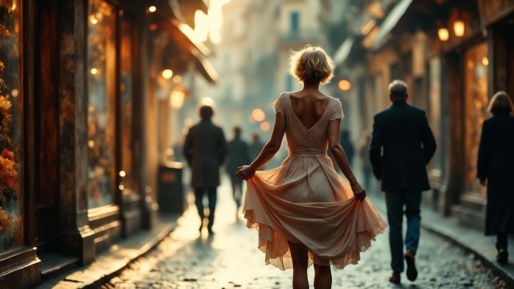 Woman's Windy City Walk: Cinematic Film Still