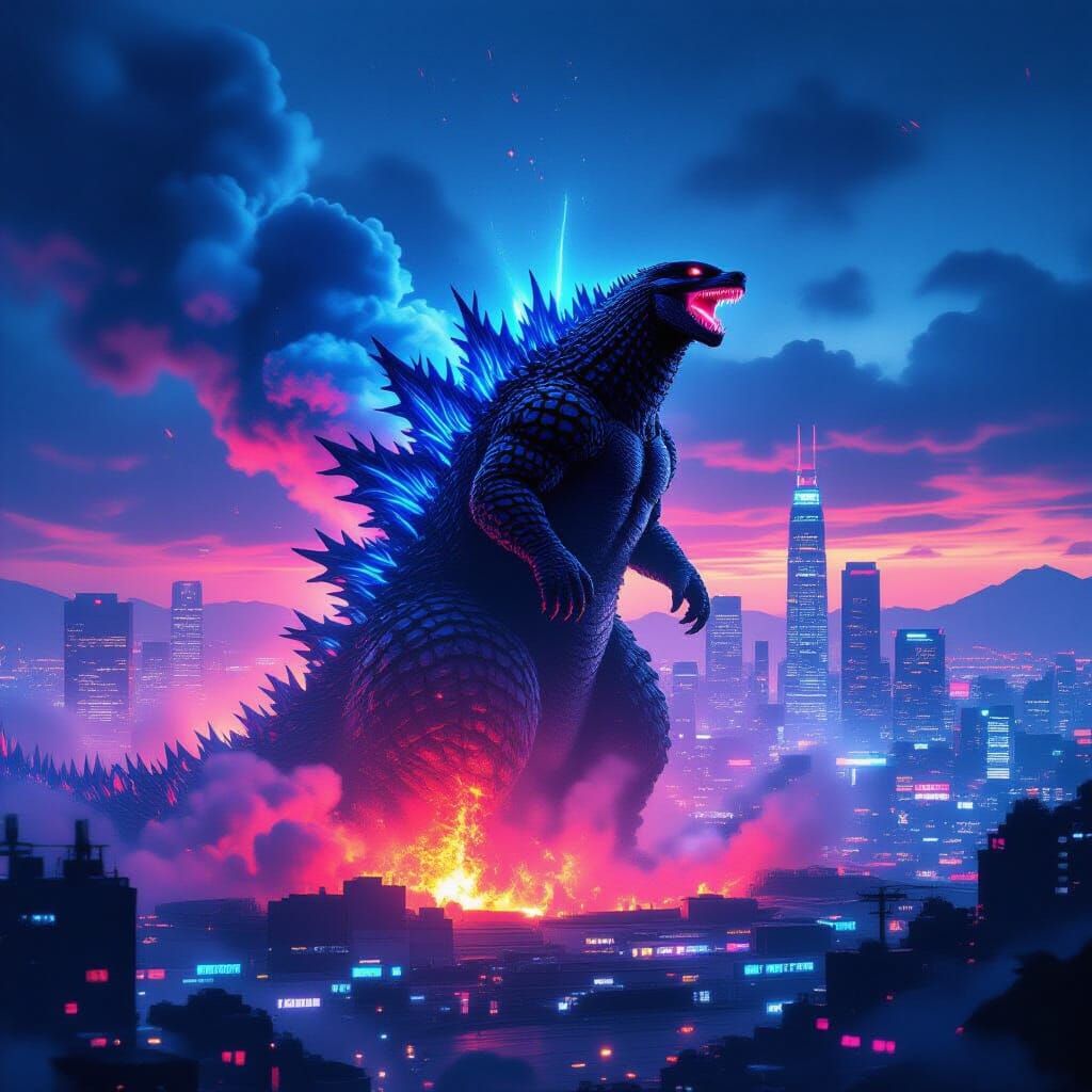 Godzilla Erupts from Volcano in Cyberpunk Cityscape