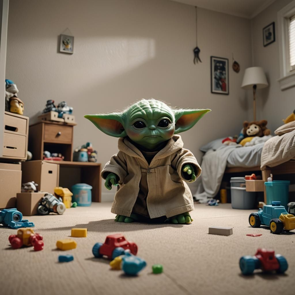 Baby Yoda Cleans Up in Minimalist Bedroom