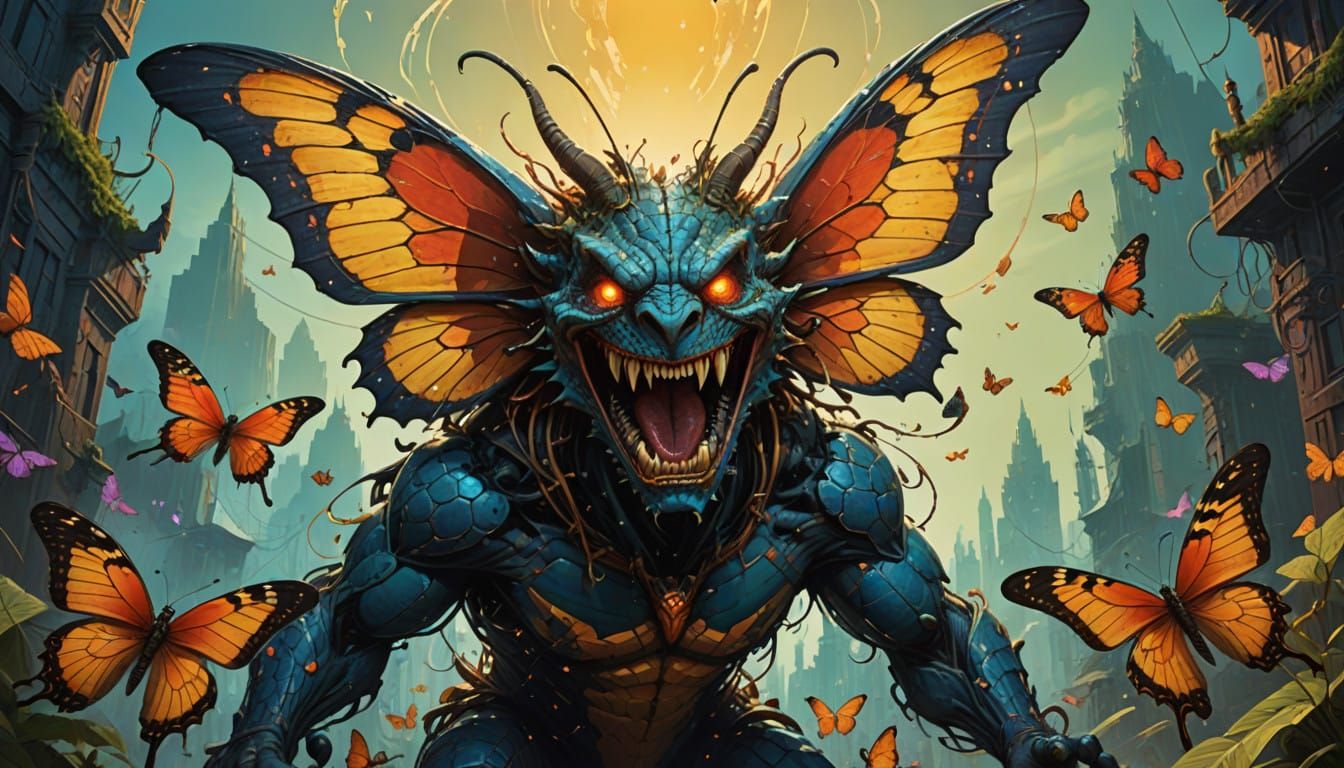Vibrant Demon Chases Delicate Butterfly in Kaleidoscopic Lan...