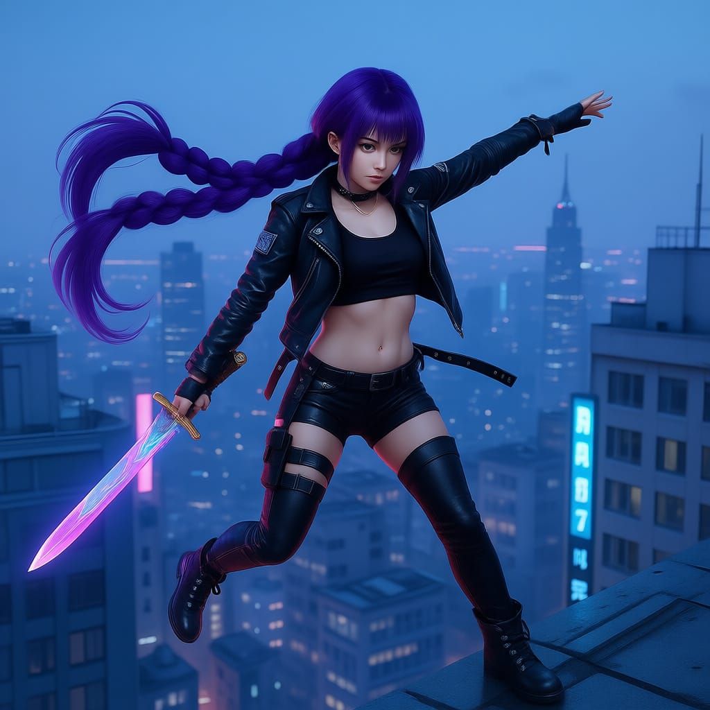 Korean Girl with Purple Hair Jumps City Rooftops with Hologr...