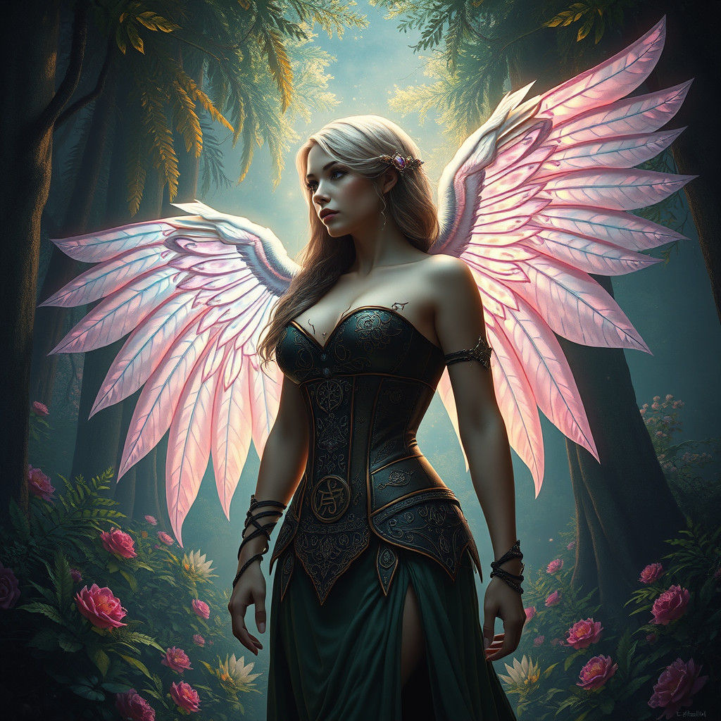 Mystical Woman With Wing in Lush Forest