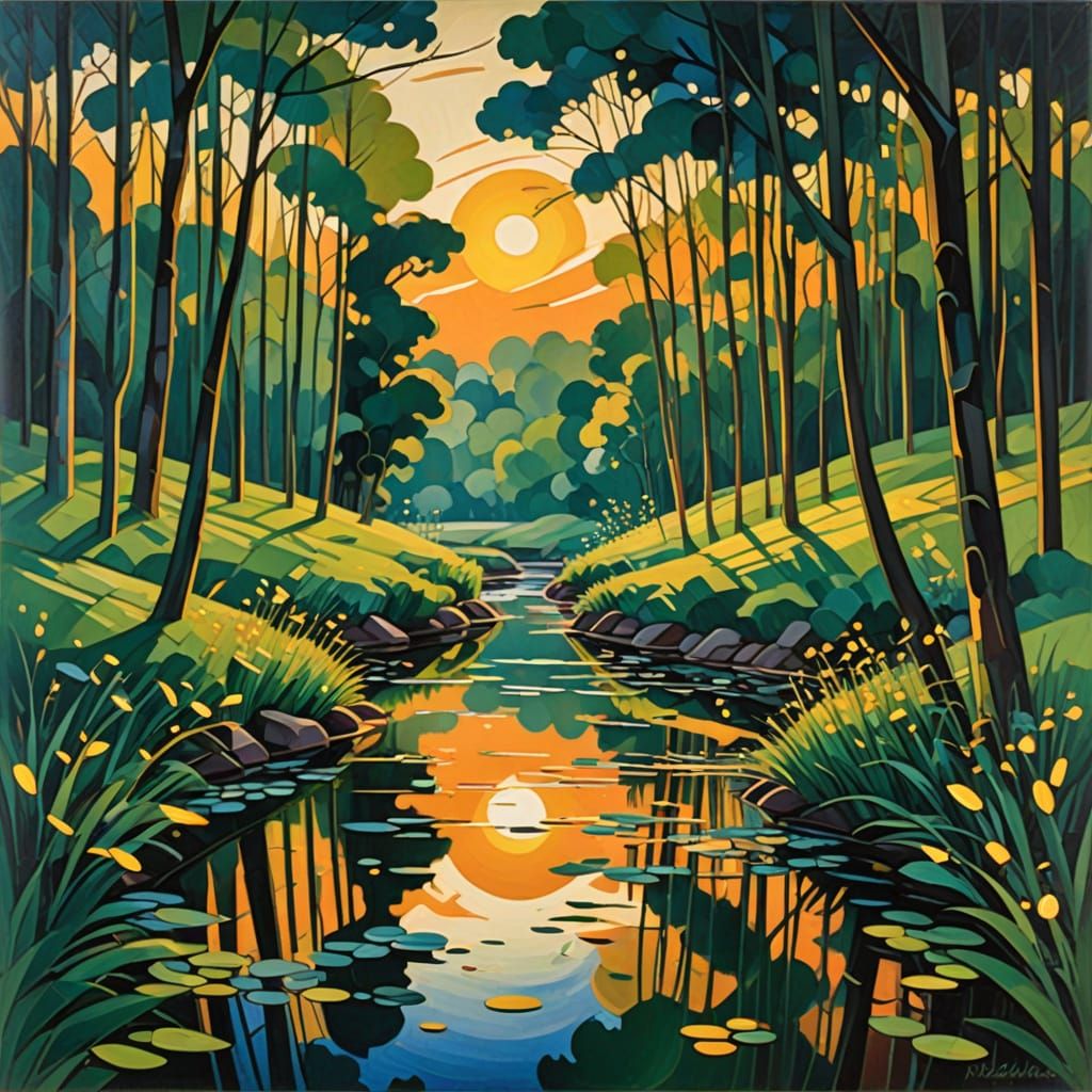 Fireflies dancing over a stream on a shady woodland summer evening golden hour
