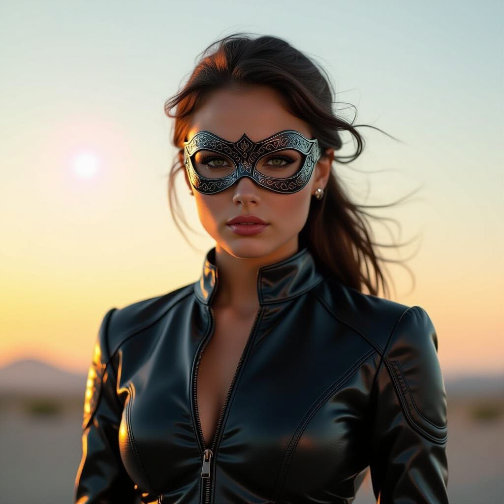Mysterious Girl in Leather Suit with Eyemask, Cinematic Film...