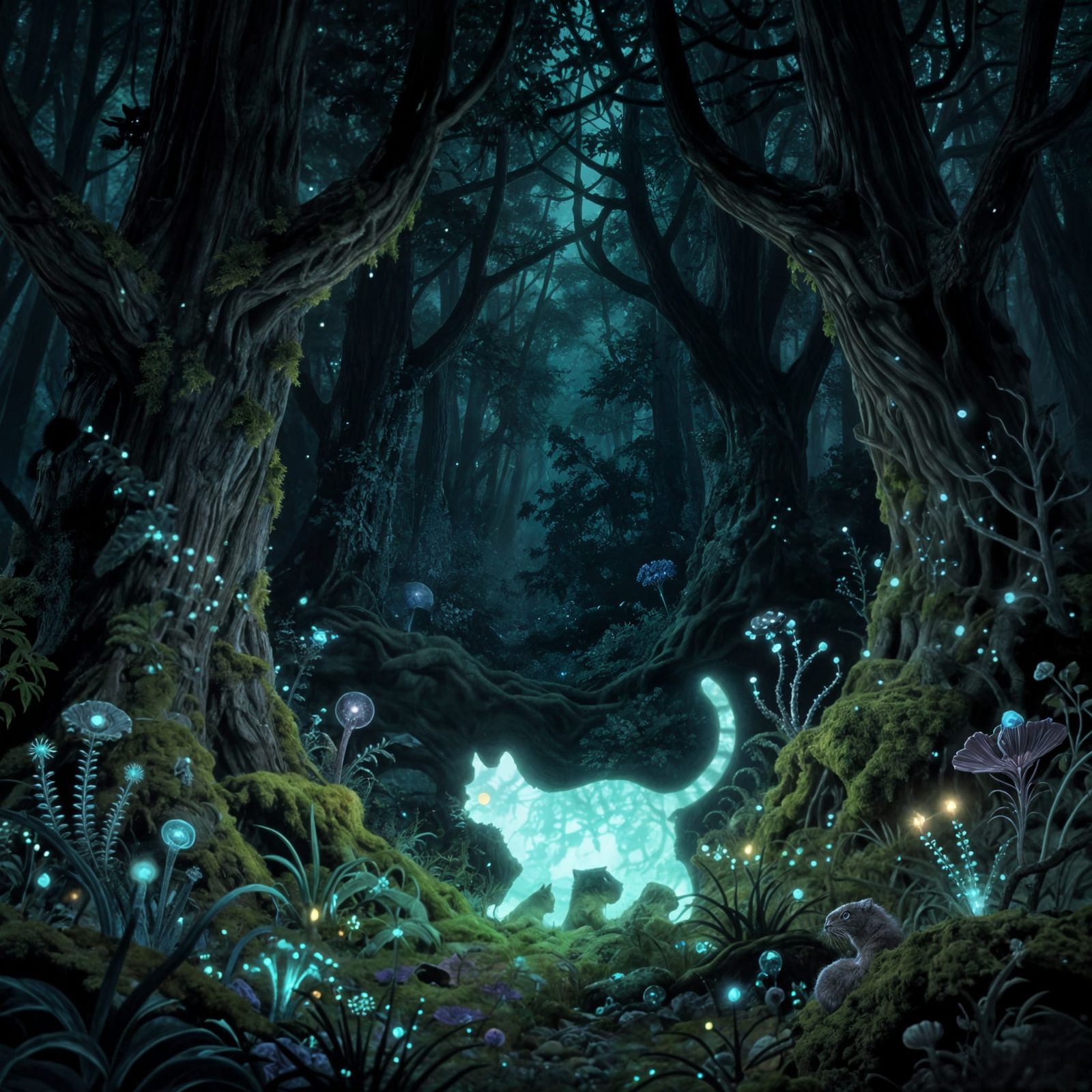 Bioluminescent Cat in Enchanted Forest