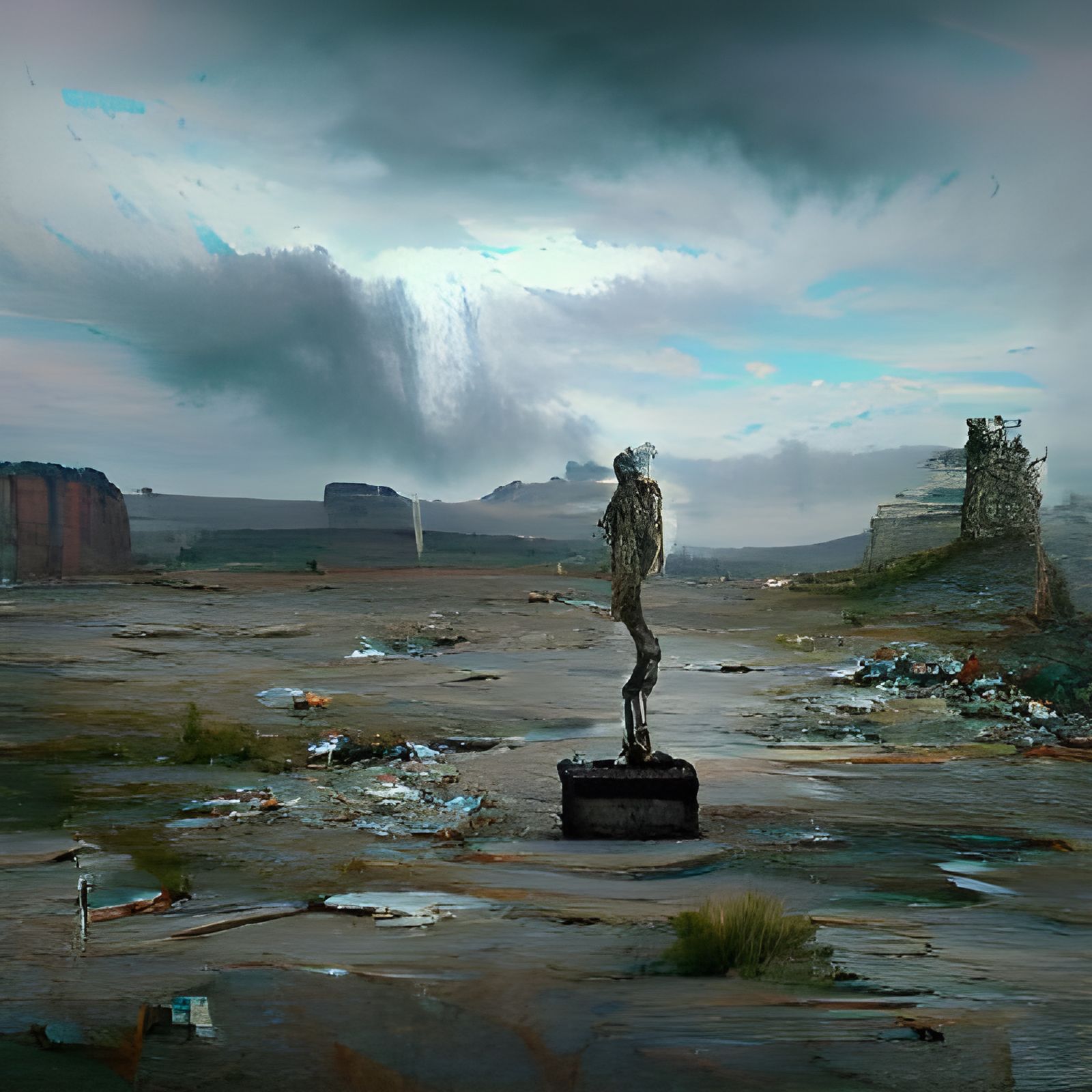 Post-Apocalyptic Landscape with Crumbling Statue