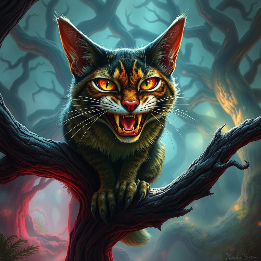 Menacing, Hyperrealistic Cat in a Haunted Forest