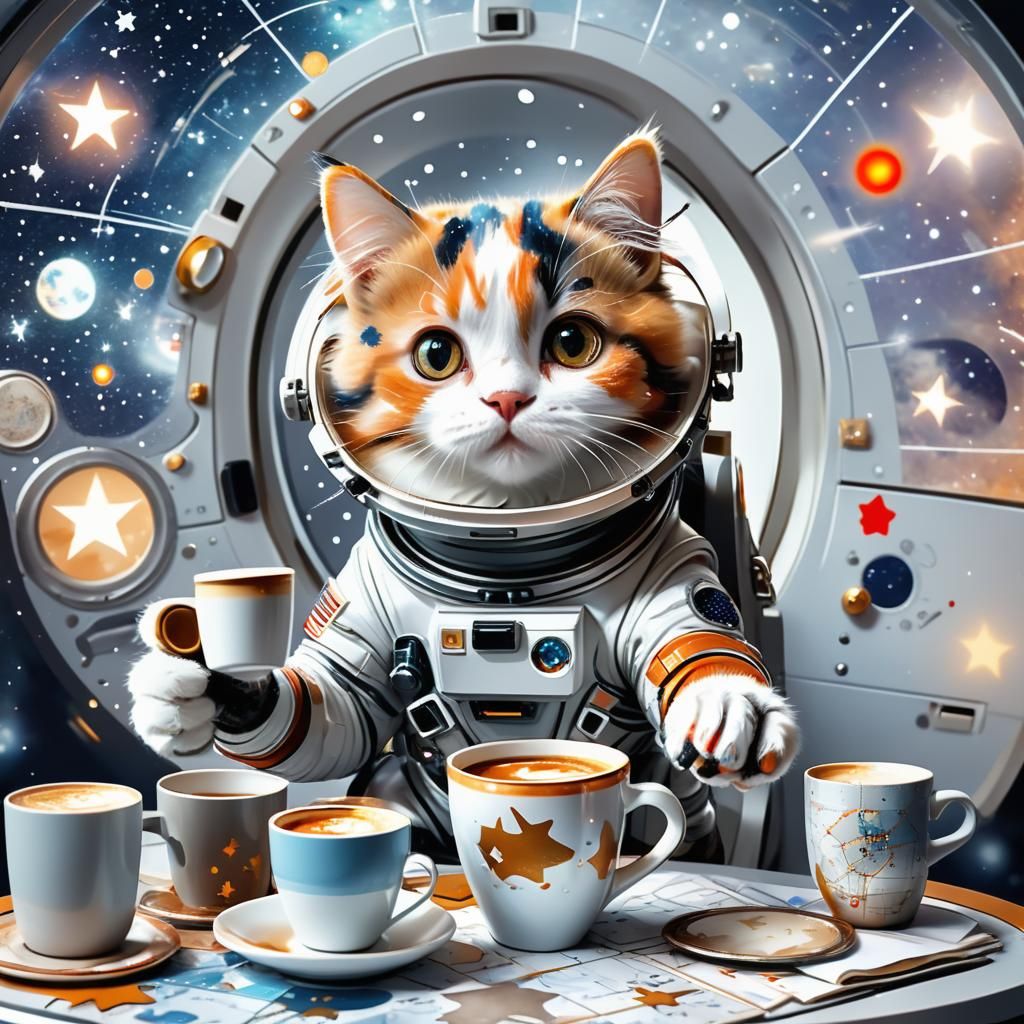 Calico Kitty Astronaut in Starship, Sci-Fi Art