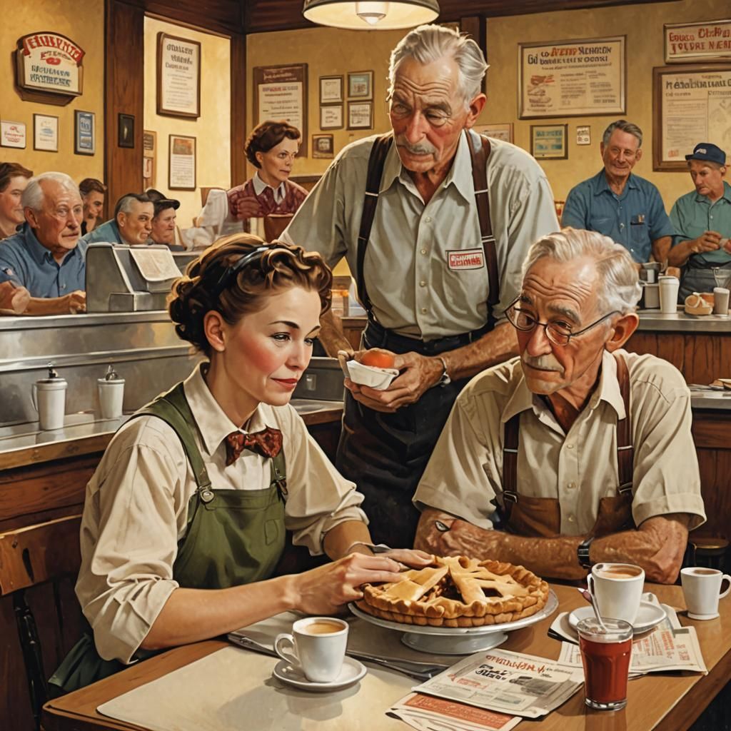 Heartfelt Diner Scene in Rockwell Style Oil Painting