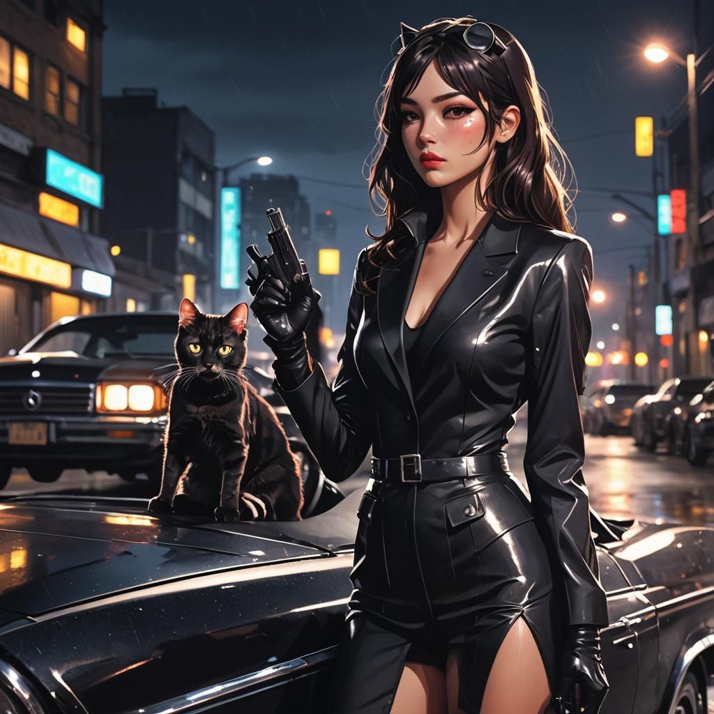 Anime Cat Girl Spy in Noir Cityscape
