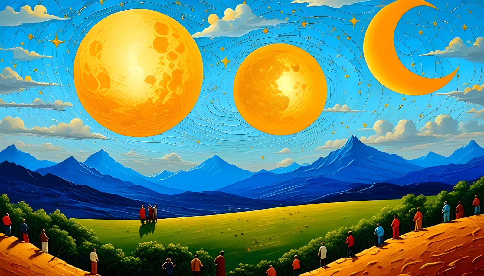 Surreal Oil Painting of a Golden Crescent Moon with Figures