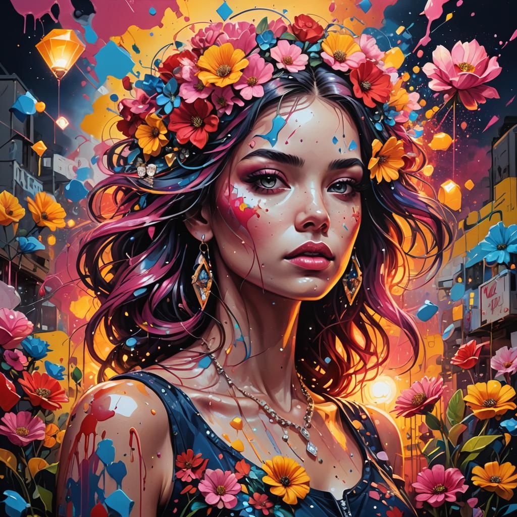 Beautiful Woman in Graffiti Art Style With Diamonds