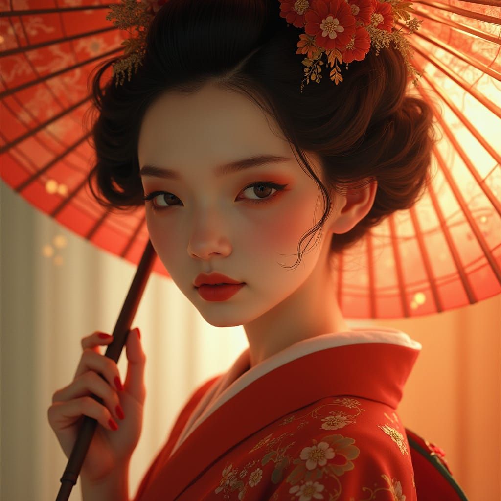 Elegant Geisha with Fan in Art Nouveau Style