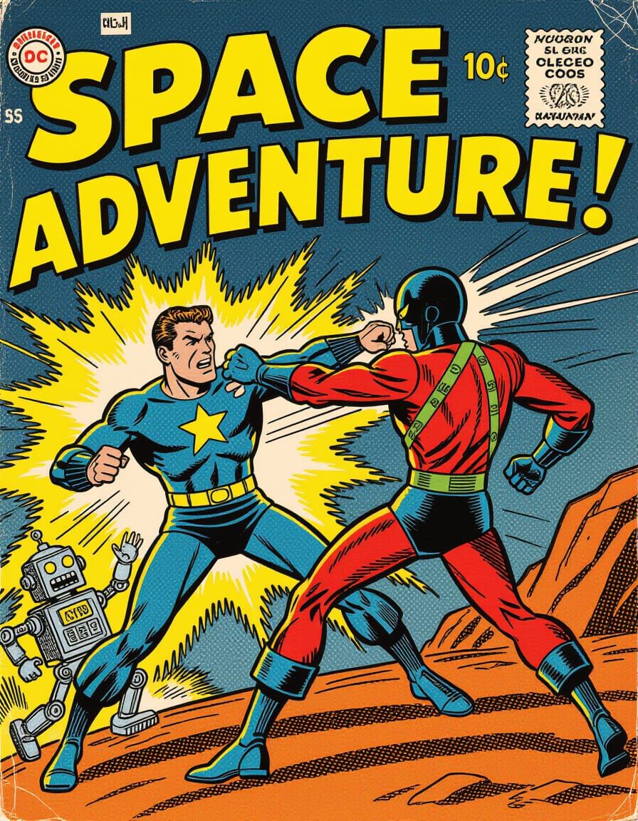 Retro Space Hero Punches Alien in 1960s Comic Art