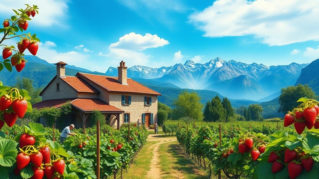 Rustic Farmhouse Amidst Lush Strawberry Groves