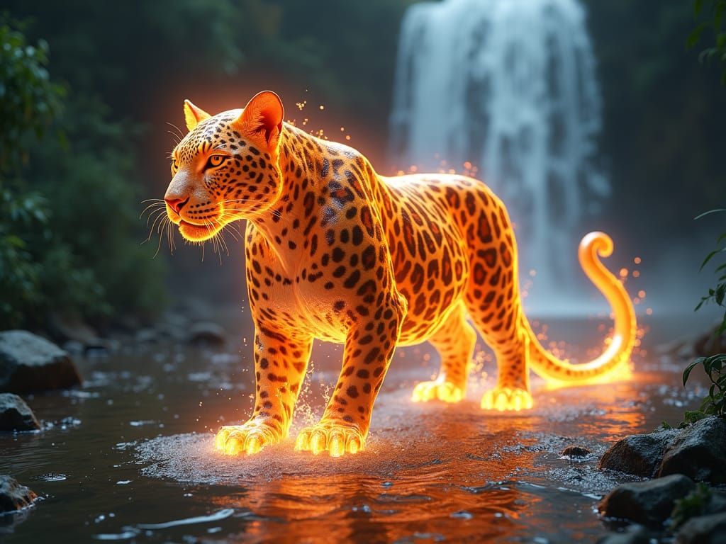 Fiery Water Leopard in Jungle Fantasy Art