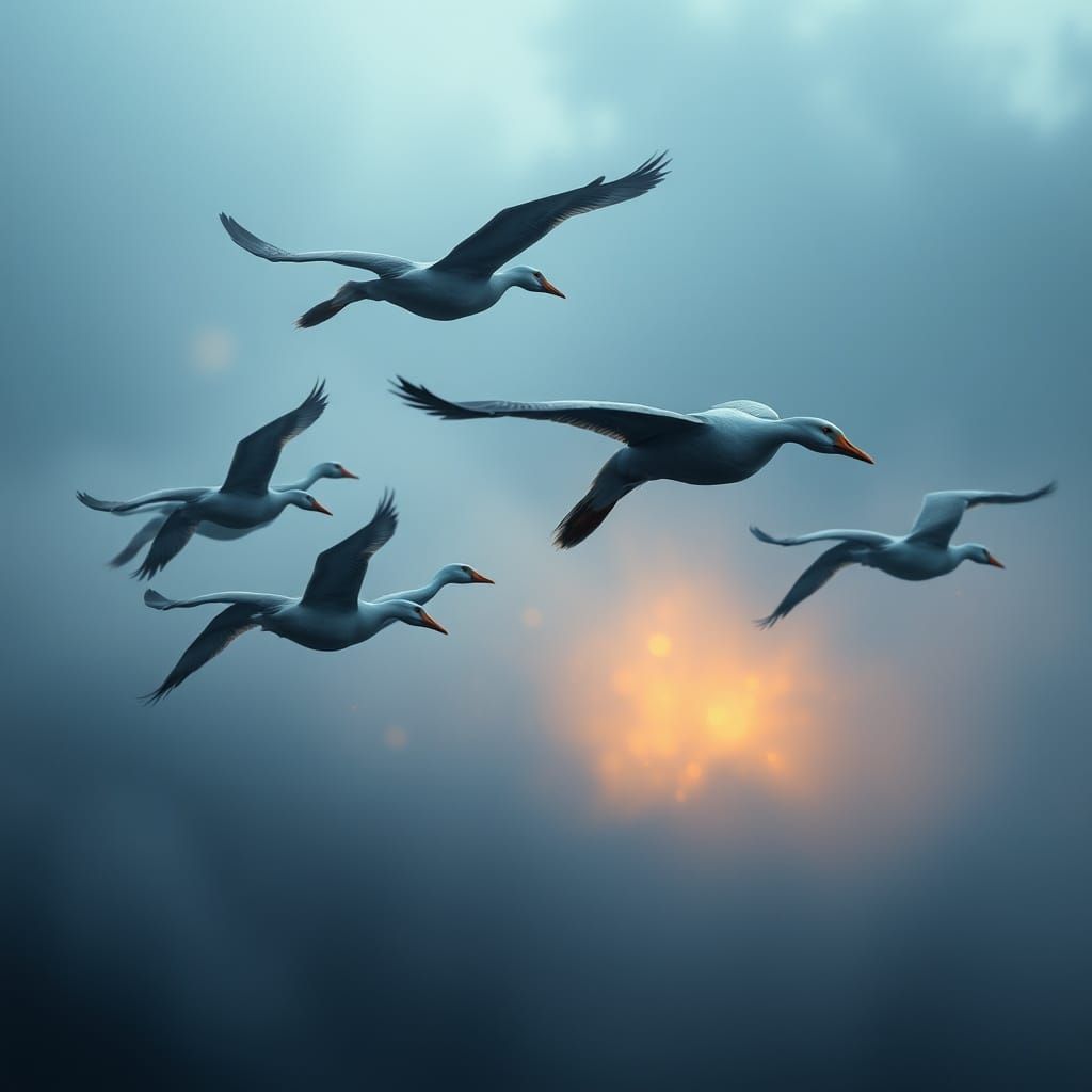 Majestic Geese Soar Through Mystical Mist in Cyberpunk-Inspi...