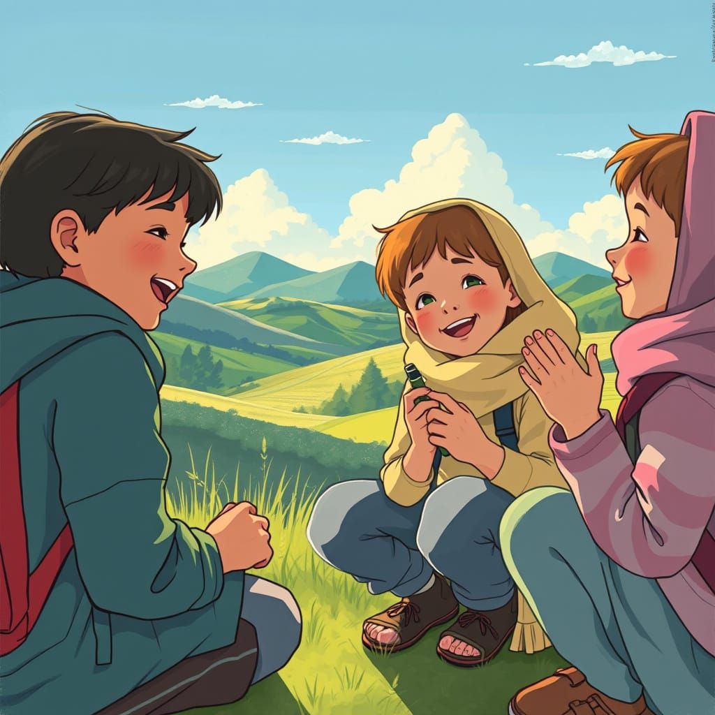 Children Solve Problems in Pastoral Digital Art Style