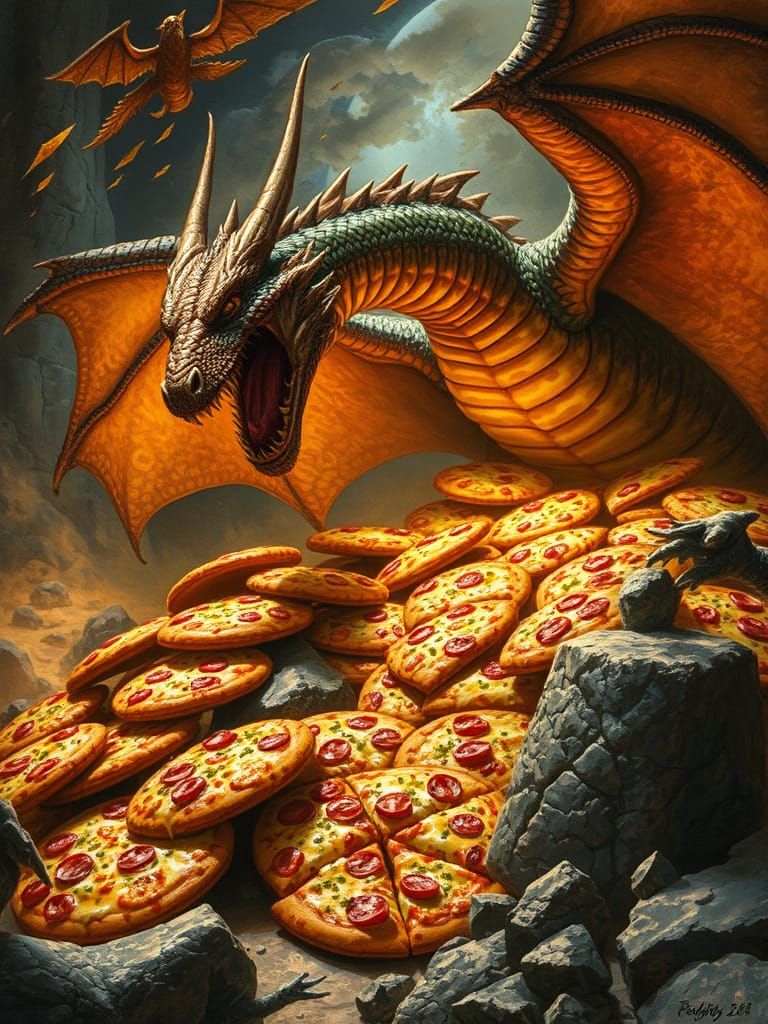 Majestic Dragon Hoarding Pizza Mountain