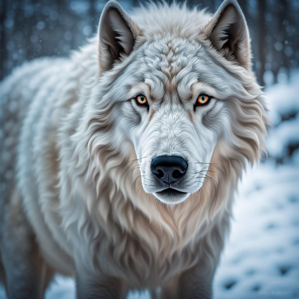 Hyperrealistic Snow Dire Wolf Portrait in High Definition