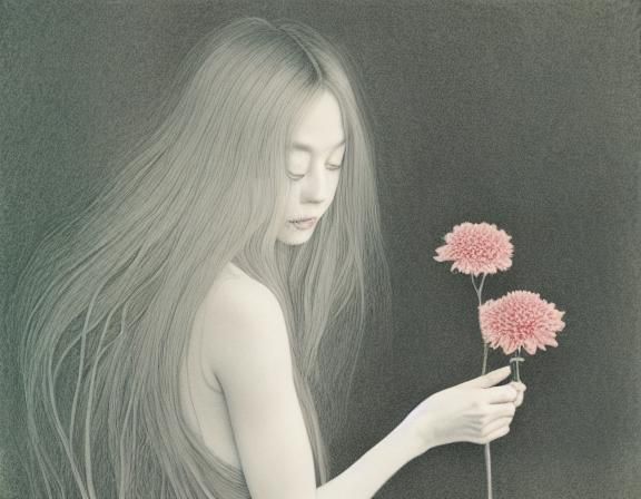 Woman with Narcotic Flower Etching in Forest