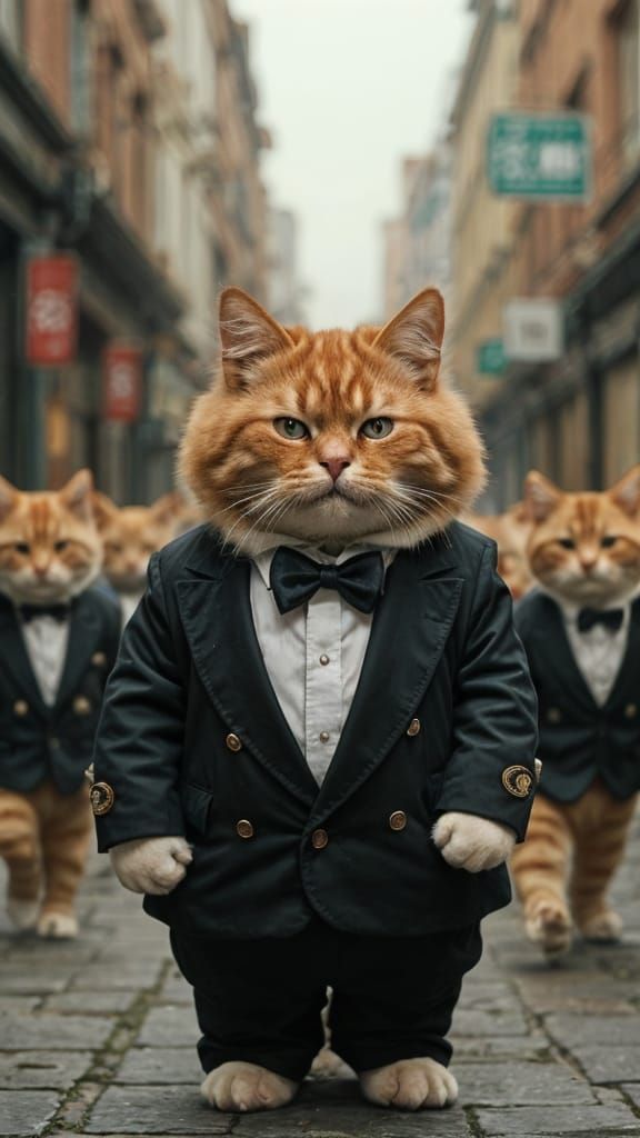 Sad Chubby Ginger Cat in Tuxedo on City Street