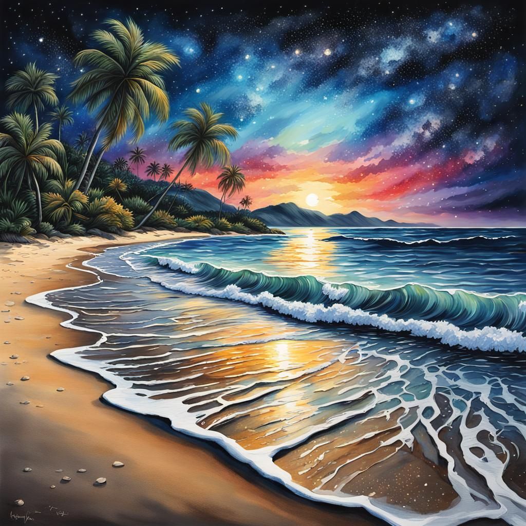 Tropical Beach Starry Night Hyperrealistic Watercolor