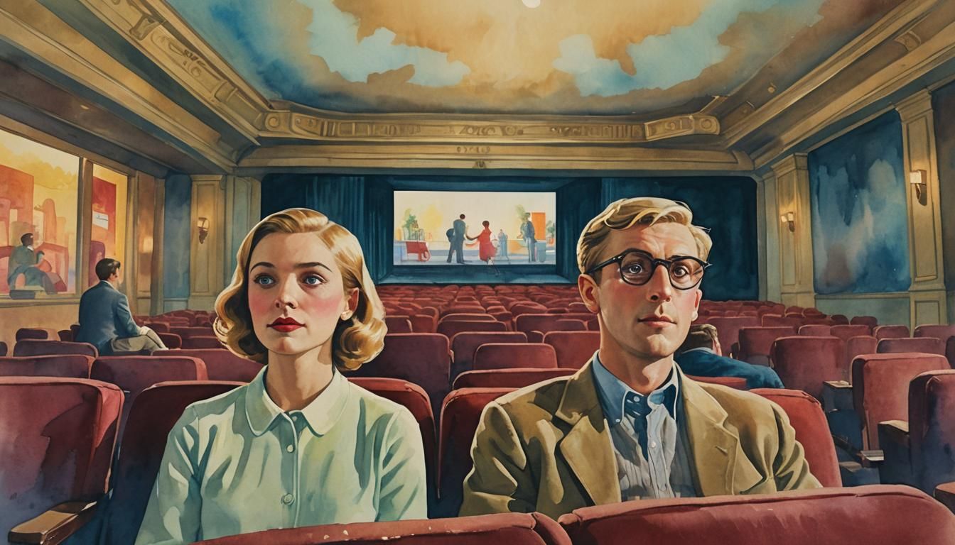 Couple in Vintage Cinema: Surreal Dreamy Watercolor