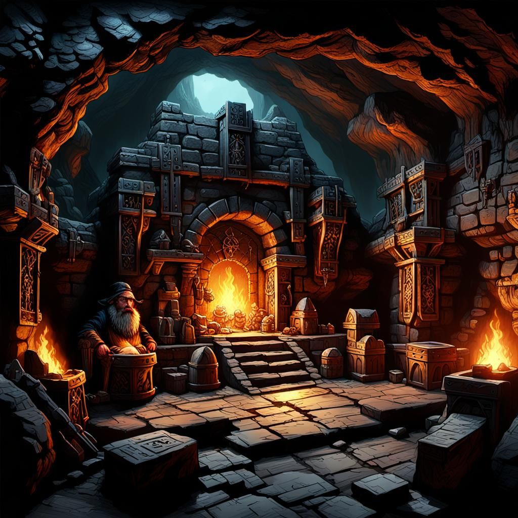 Dwarven Forge in Cave, Dark Fantasy Concept Art