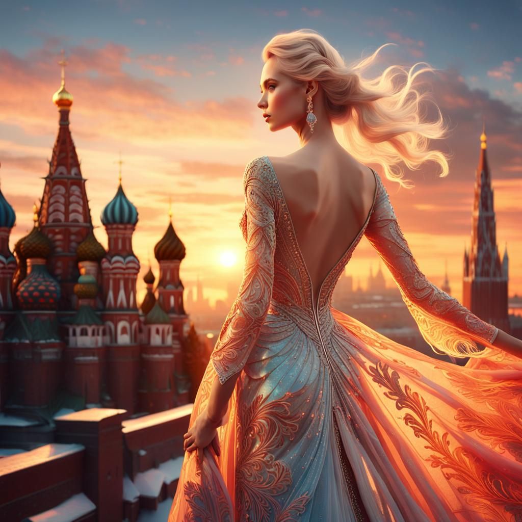 Model in Gown Against Moscow Sunset, Vaporwave Style