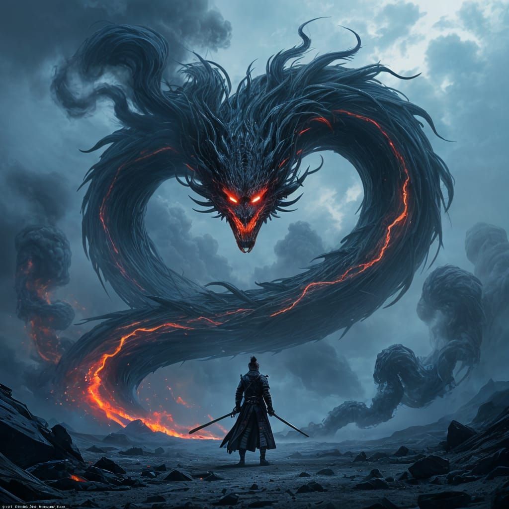 Samurai Warrior Battles Shadow Beast in Digital Painting