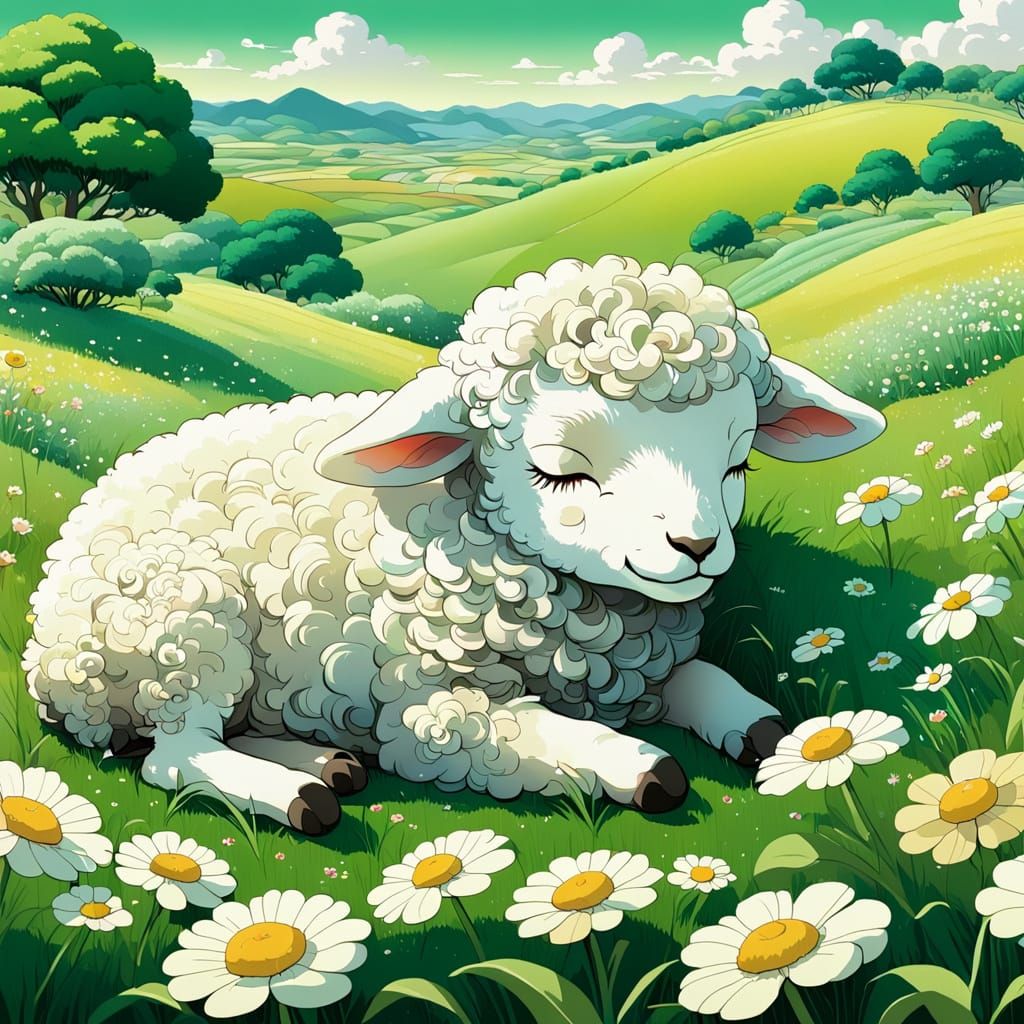 Chibi Lamb Dreams of Flowers in Rural Landscape