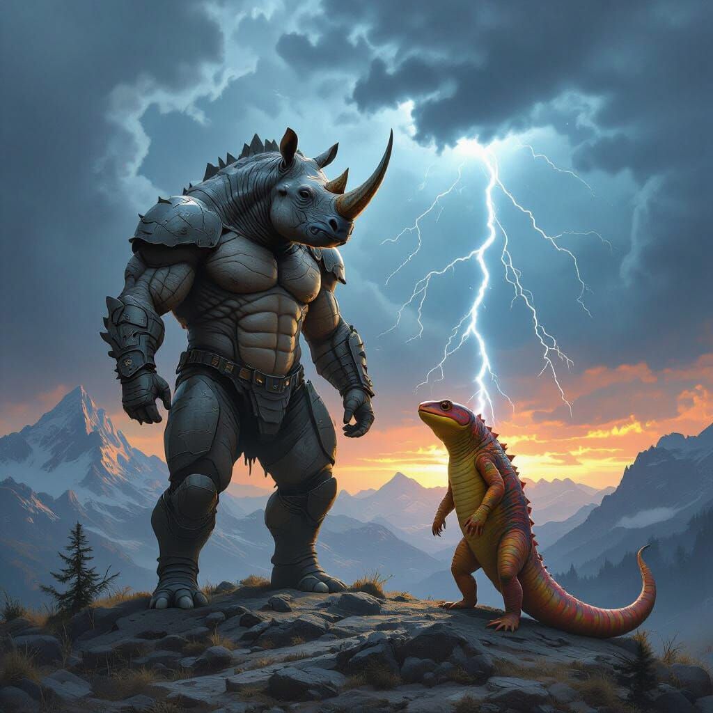 Humanoid Rhino and Salamander in Stormy Landscape