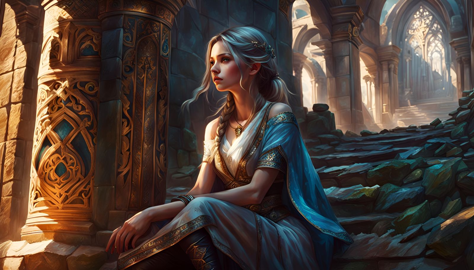 Teenage Girl in Medieval Temple Ruins, Fantasy Art