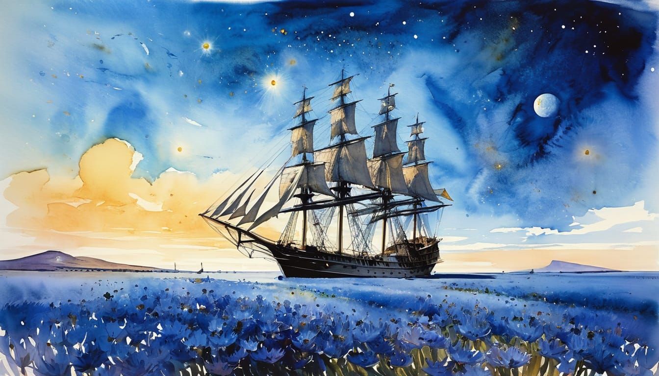 "A breathtaking cosmic scene blending the beauty of space and the sea. A majestic nebula, swirling with deep blues, purp...