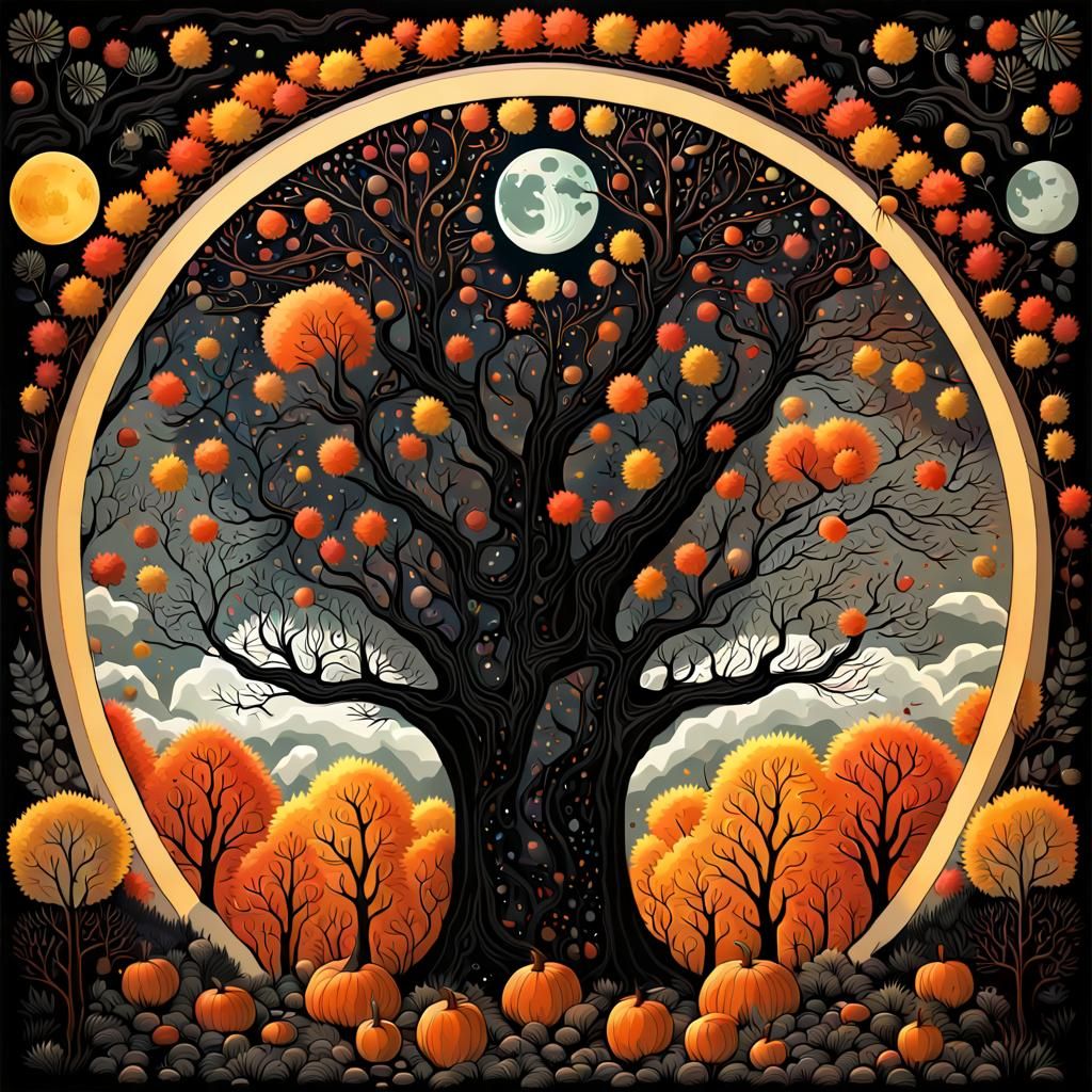 Fantastical Autumn Landscape in Folk Art Style