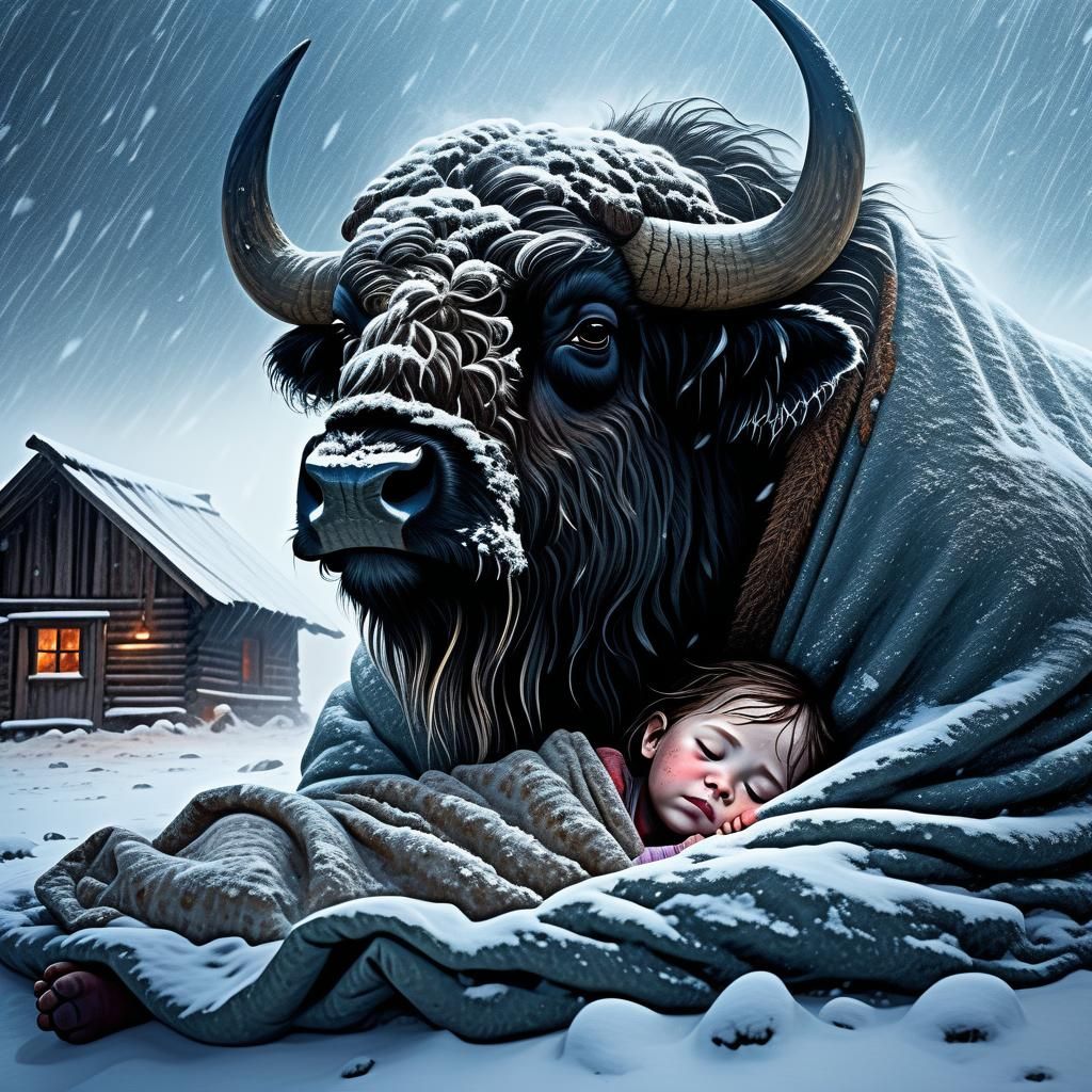 Buffalo Protects Child in Snowstorm Fantasy Scene